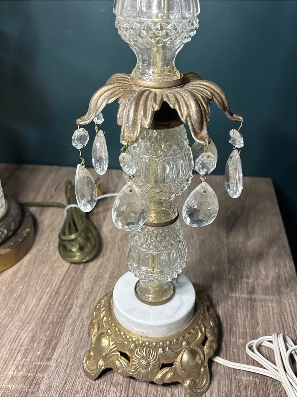 5 MCM HOLLYWOOD REGENCY TABLE LAMPS MARBLE BASE  CRYSTAL PRISMS